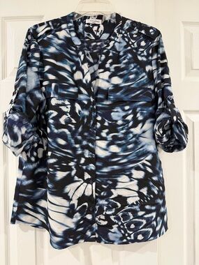Calvin Klein Women's Black, Blue & White Abstract Button-Down Shirt